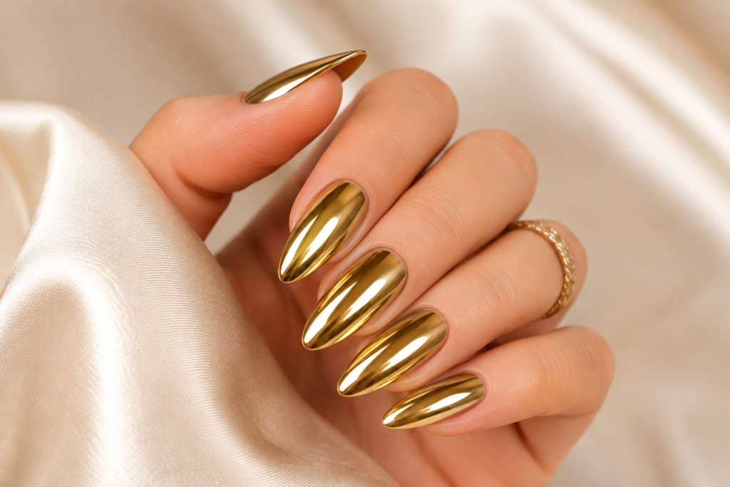 Raksha Bandhan Nail Art Ideas 2026: Elegant Designs To Match Your Ethnic Outfit 1 Gold chrome nails