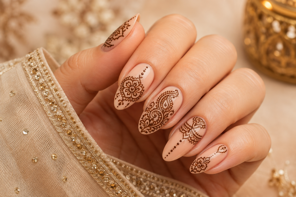 Raksha Bandhan Nail Art Ideas 2026: Elegant Designs To Match Your Ethnic Outfit 8 Mehndi pattern nails