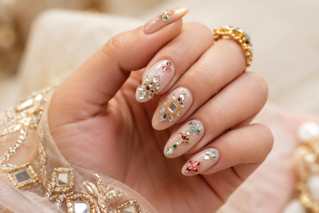 Raksha Bandhan Nail Art Ideas 2026: Elegant Designs To Match Your Ethnic Outfit 7 Mirror work inspired nails