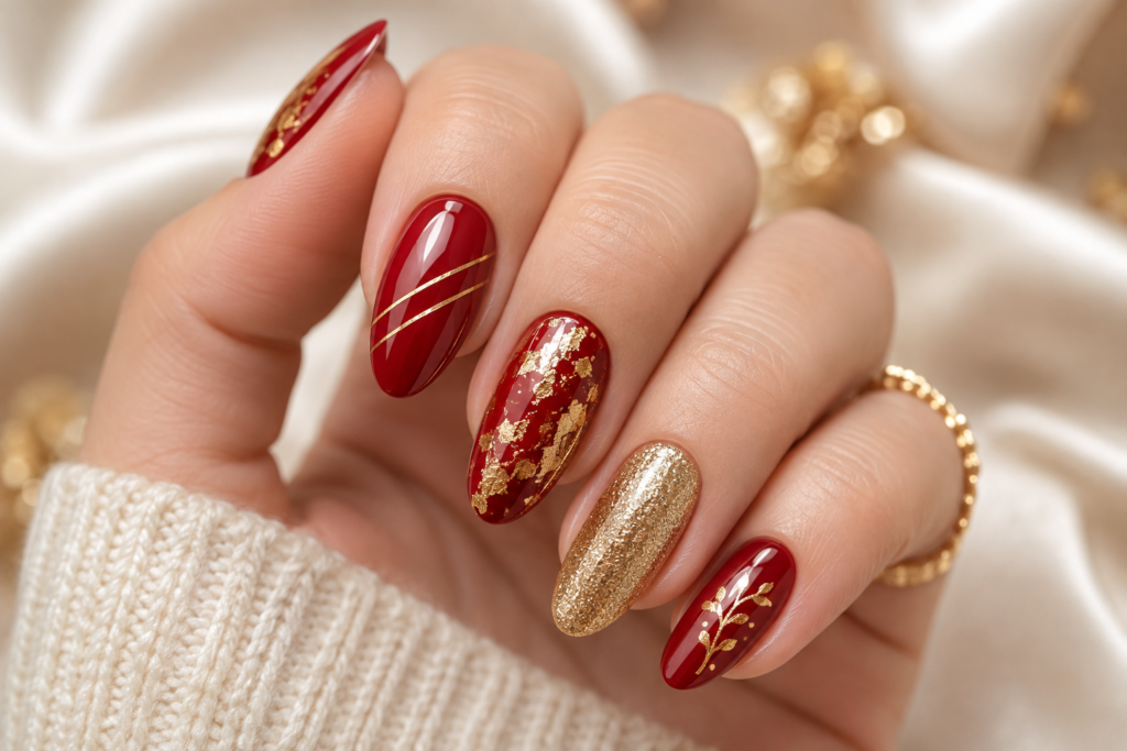 Raksha Bandhan Nail Art Ideas 2026: Elegant Designs To Match Your Ethnic Outfit 4 Red gold nails