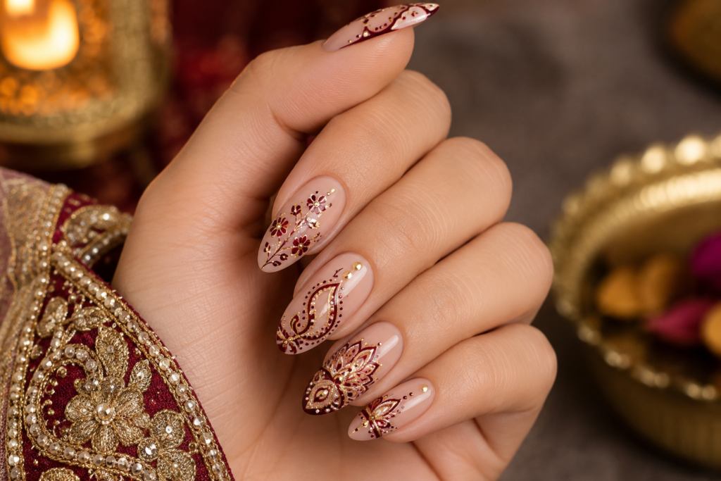 Raksha Bandhan Nail Art Ideas 2026: Elegant Designs To Match Your Ethnic Outfit 15 Traditional motif nail art